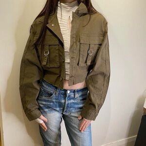 Good American Olive Cropped Utility Jacket with Metal Rings